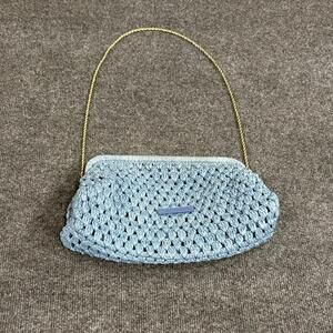 Loeffler Randall Clutch Womens Medium Blue Raffia Trudie Frame Crochet Handbag